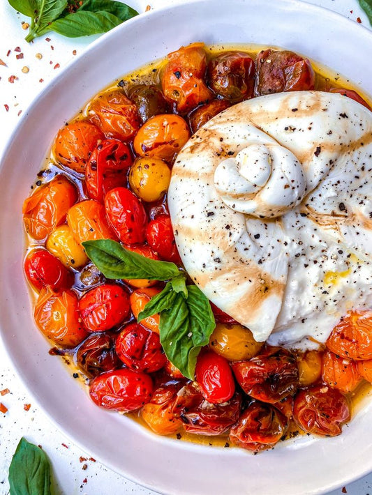 Burrata with Roasted Tomatoes and Truffle Harissa