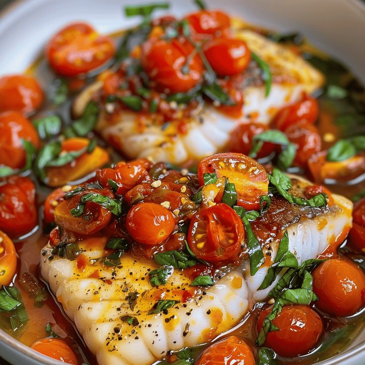 Pan-Seared Cod with Cherry Tomatoes, Basil, and Dalia's Pantry Original Harissa