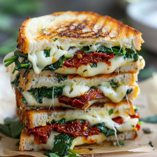 Grilled Sourdough Sandwich with Original Harissa, Sun-Dried Tomatoes, and Cheesy Spinach Filling