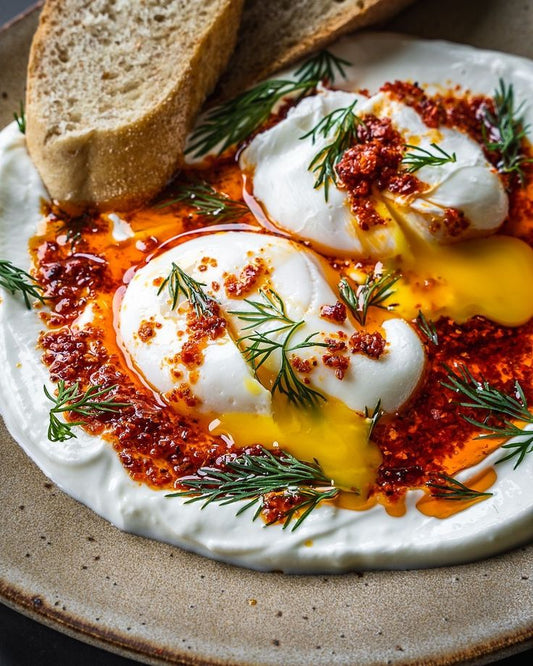 Labneh Cheese with Poached Eggs and Harissa