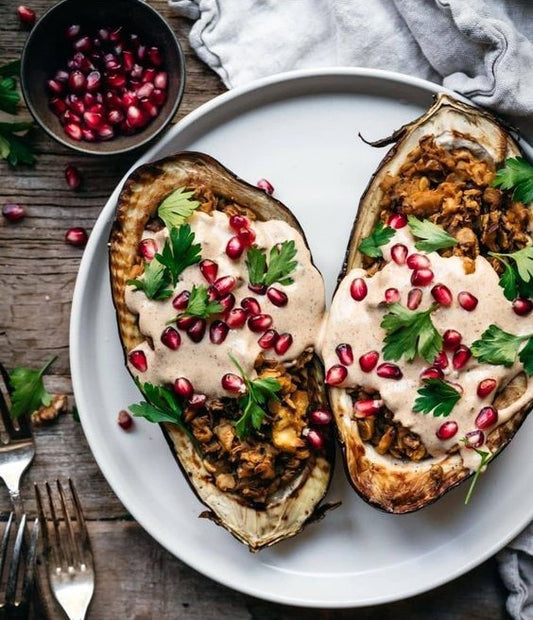 Vegan grilled eggplant Harissa and tahini