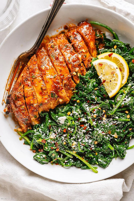 Smoky Chipotle Harissa Chicken with Sautéed Spinach