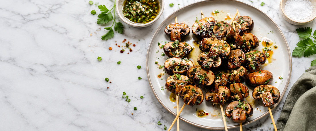 Smoky Harissa Grilled Mushroom Skewers
