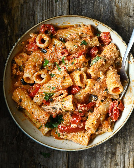 Spicy Eggplant and Ricotta Pasta with Sun-Dried Tomatoes and Harissa