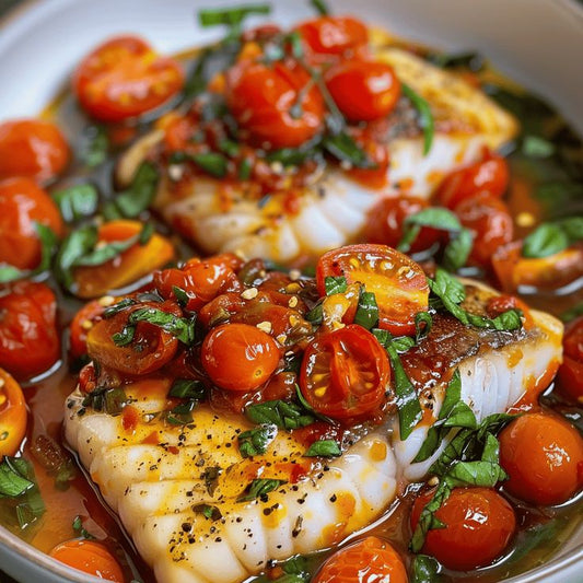 Pan-Seared Cod with Cherry Tomatoes, Basil, and Dalia's Pantry Original Harissa