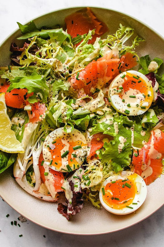 Smoked Salmon Salad with Soft-Boiled Eggs and Harissa Caper Chive Dressing
